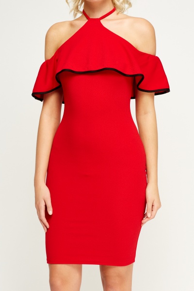 halter neck off shoulder dress